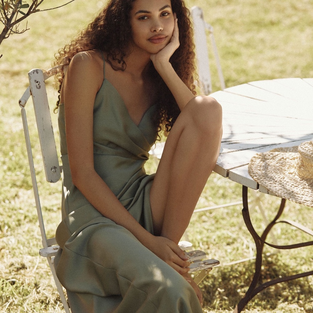 BHLDN Anthropologie Freya Satin Charmeuse Bridesmaid Moss Green Dress